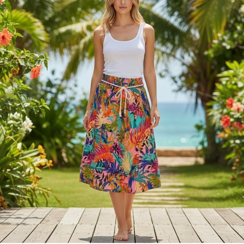 Truly 4‎ You Tropical Bird Floral Smocked Midi Skirt Rope Tie Pockets Large NEW
